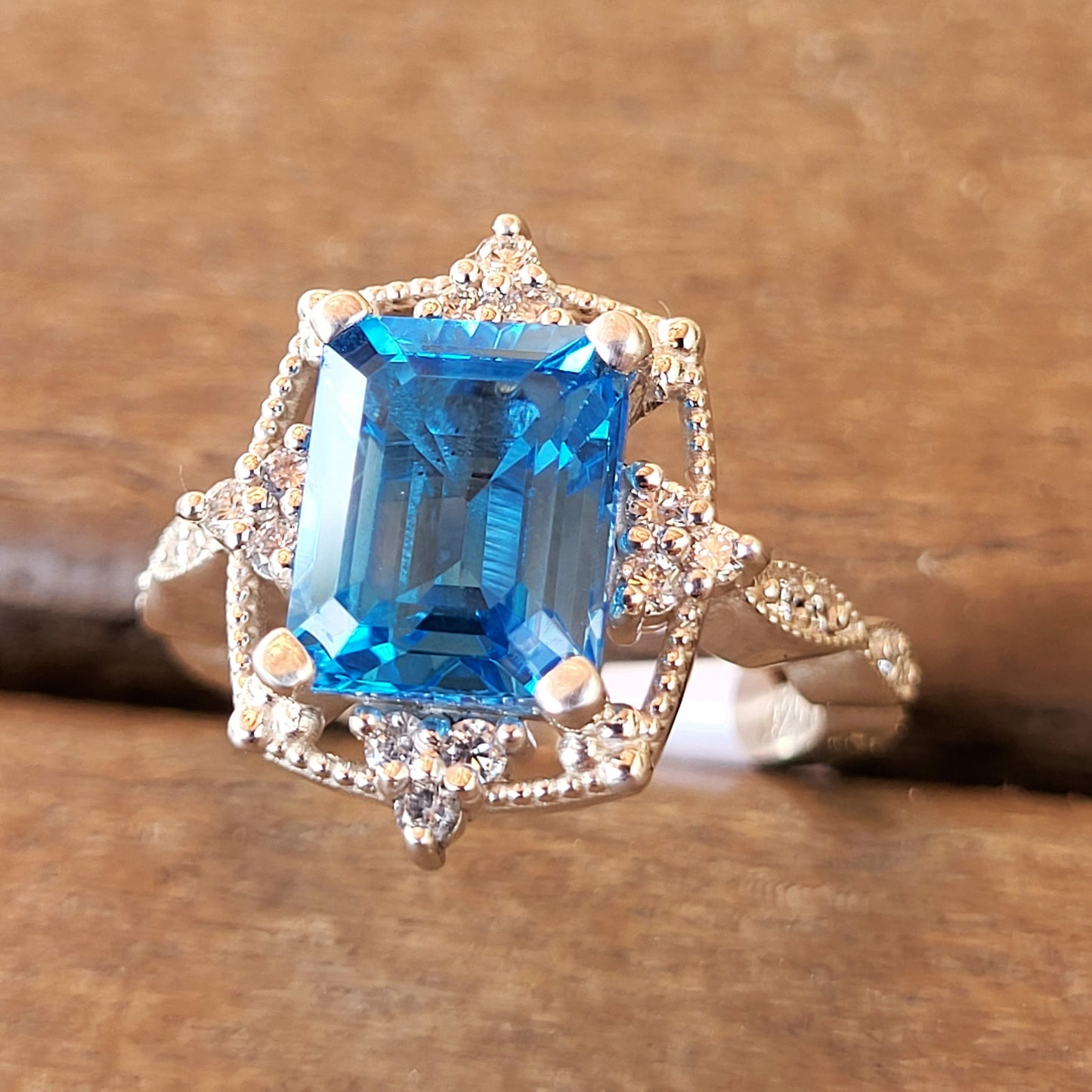 Ready to Ship emerald cut Swiss blue topaz ring in 925 sterling silver