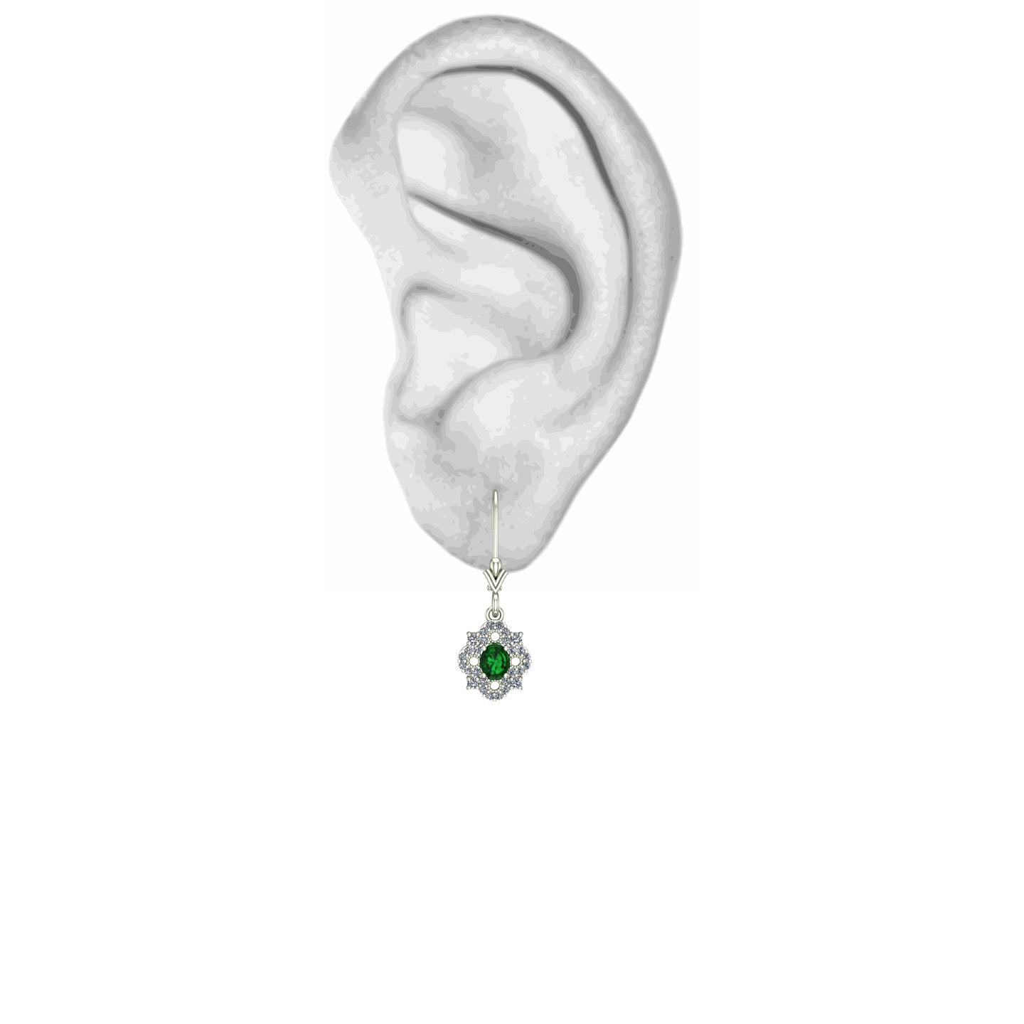 oval emerald and diamond dangle earrings in 14k white gold - Charles Babb Designs - on ear