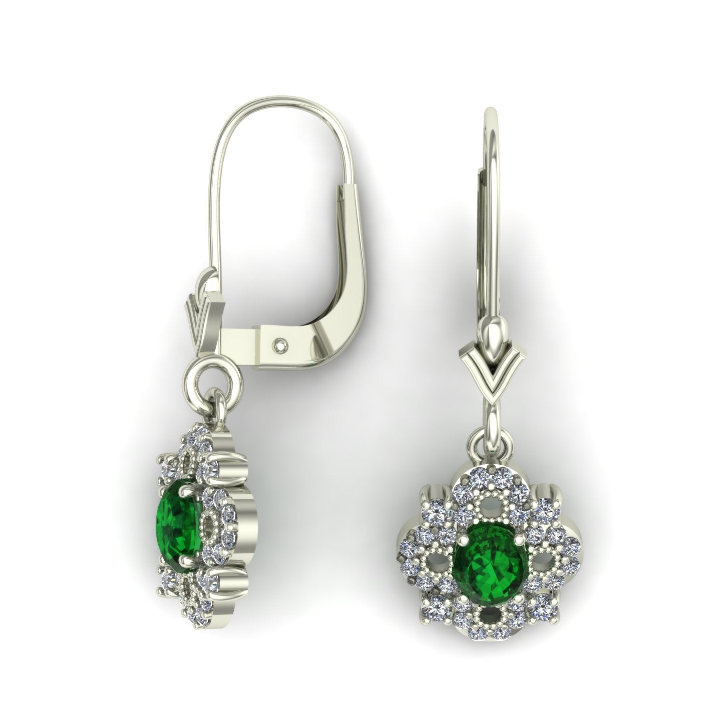 oval emerald and diamond dangle earrings in 14k white gold - Charles Babb Designs