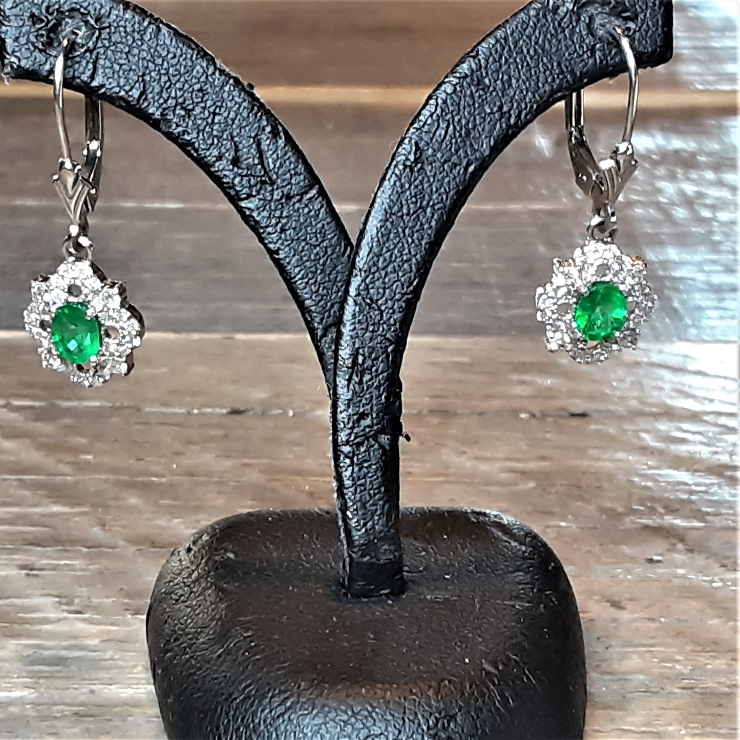 Ready to ship emerald and diamond dangle earrings in 14k white gold