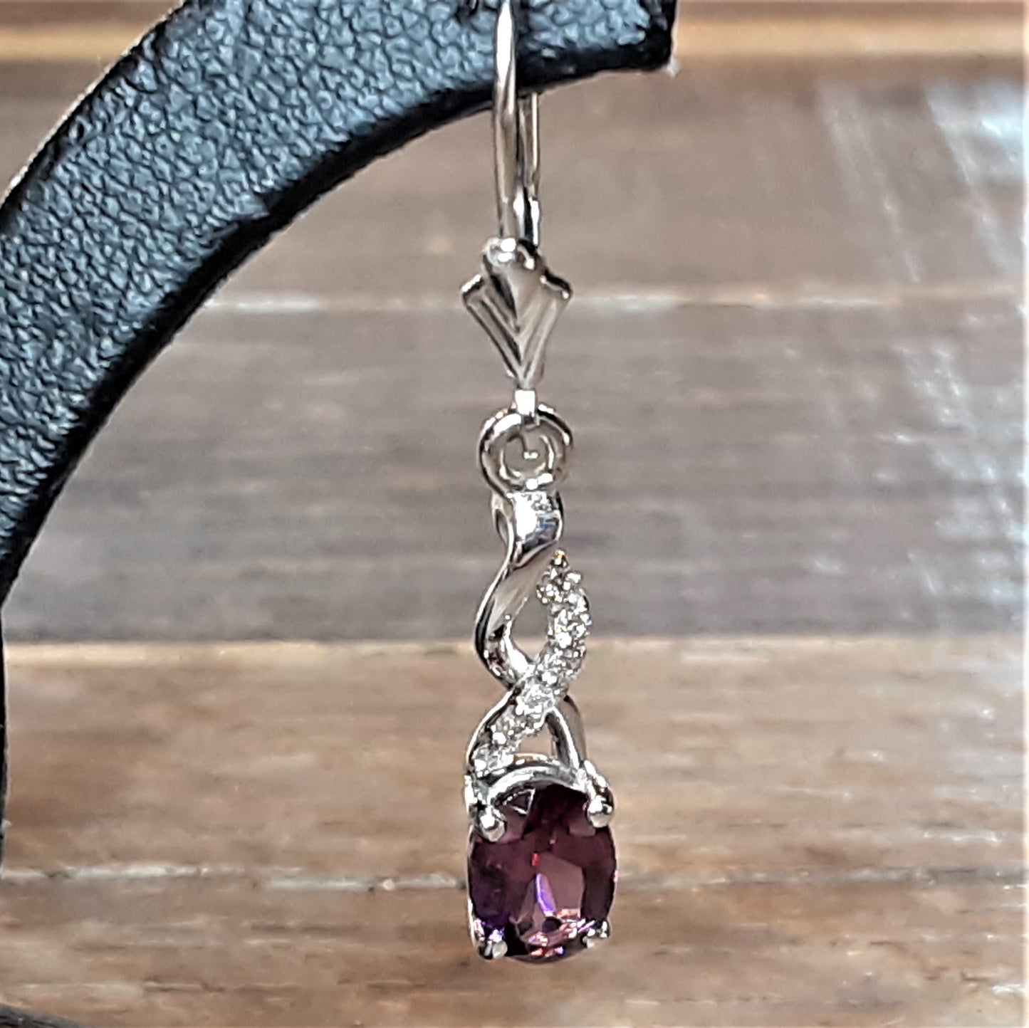 Ready to ship rhodolite garnet and diamond dangle earrings in 14k white gold
