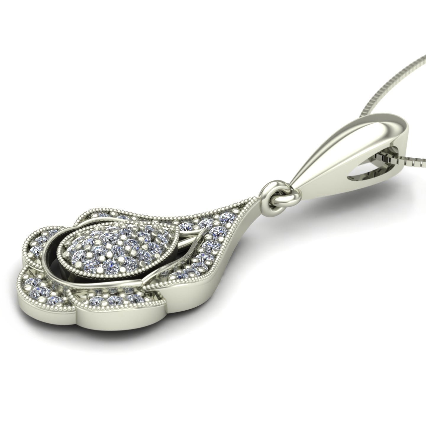Pavé diamond pear shape pendant in 14k white gold - Charles Babb Designs - side view