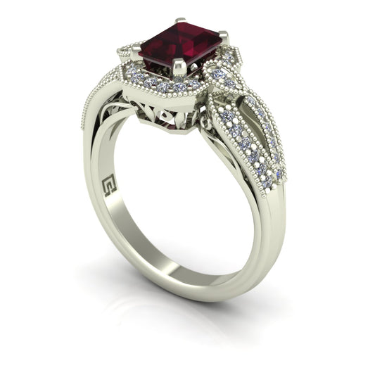 emerald cut rhodolite garnet and diamond art deco inspired ring in 14k white gold - Charles Babb Designs