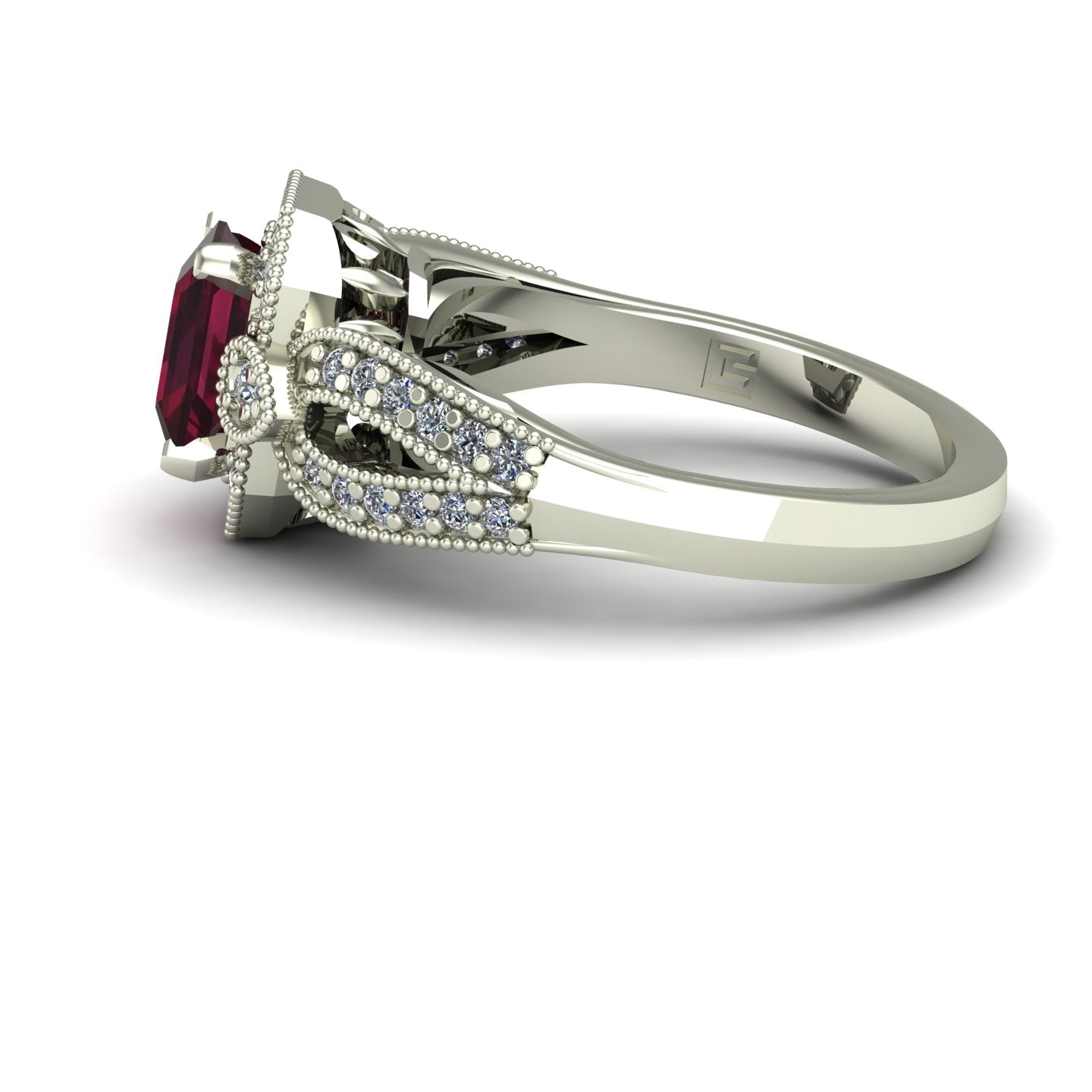 emerald cut rhodolite garnet and diamond art deco inspired ring in 14k white gold - Charles Babb Designs - side view