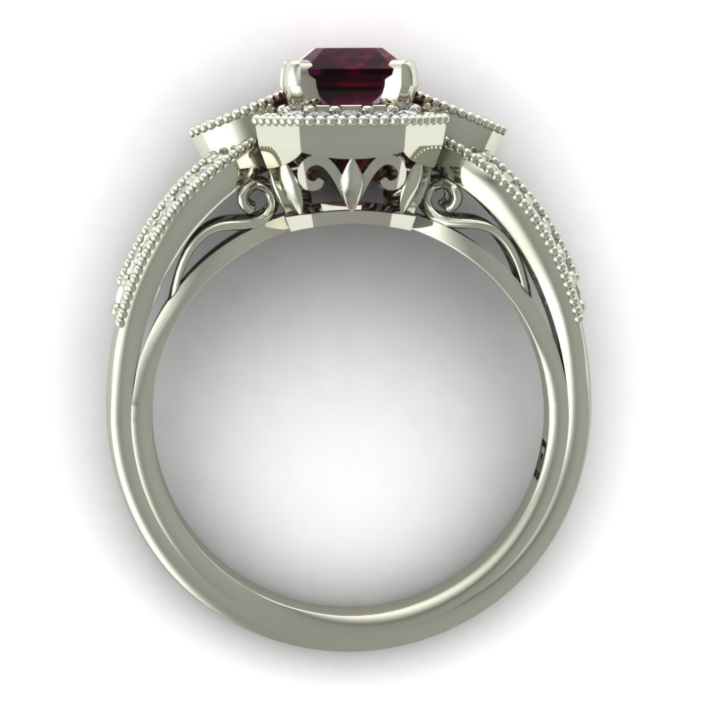 emerald cut rhodolite garnet and diamond art deco inspired ring in 14k white gold - Charles Babb Designs - through finger view