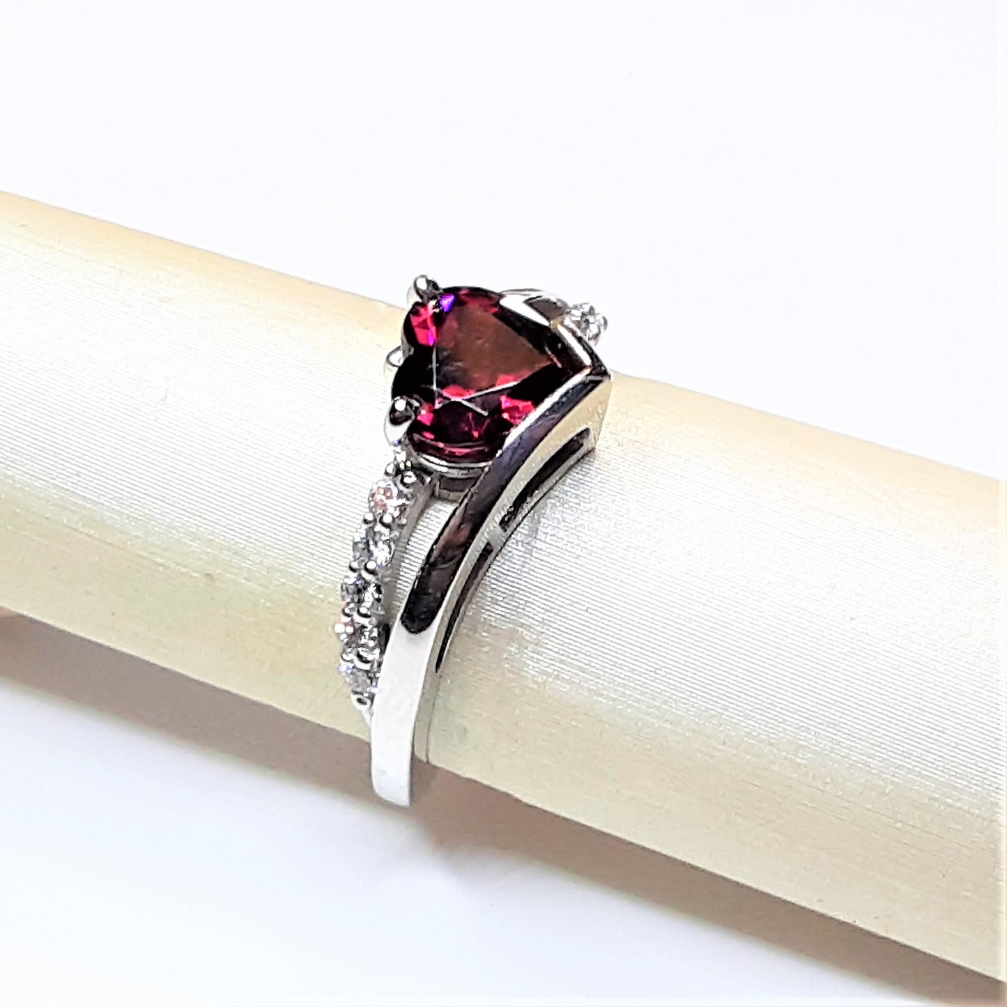 Ready to ship rhodolite garnet and diamond heart cut ring in 14k white gold