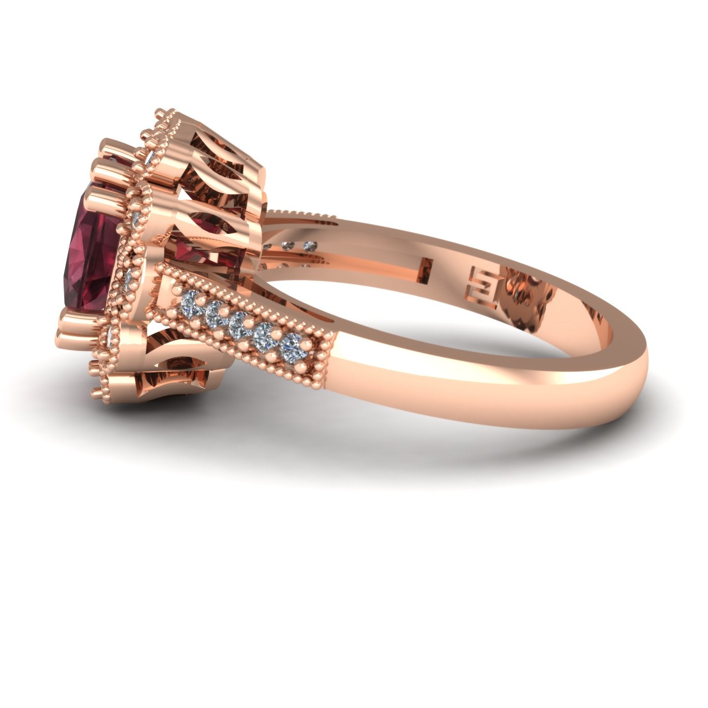 Rhodolite garnet and diamond vintage style ring in 14k rose gold