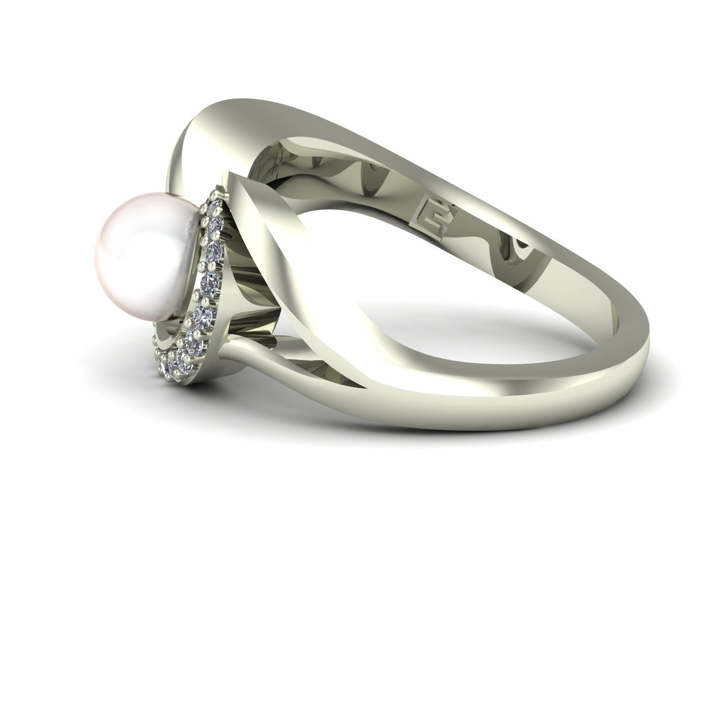 pearl and diamond swirl ring in 14k white gold - Charles Babb Designs - side view