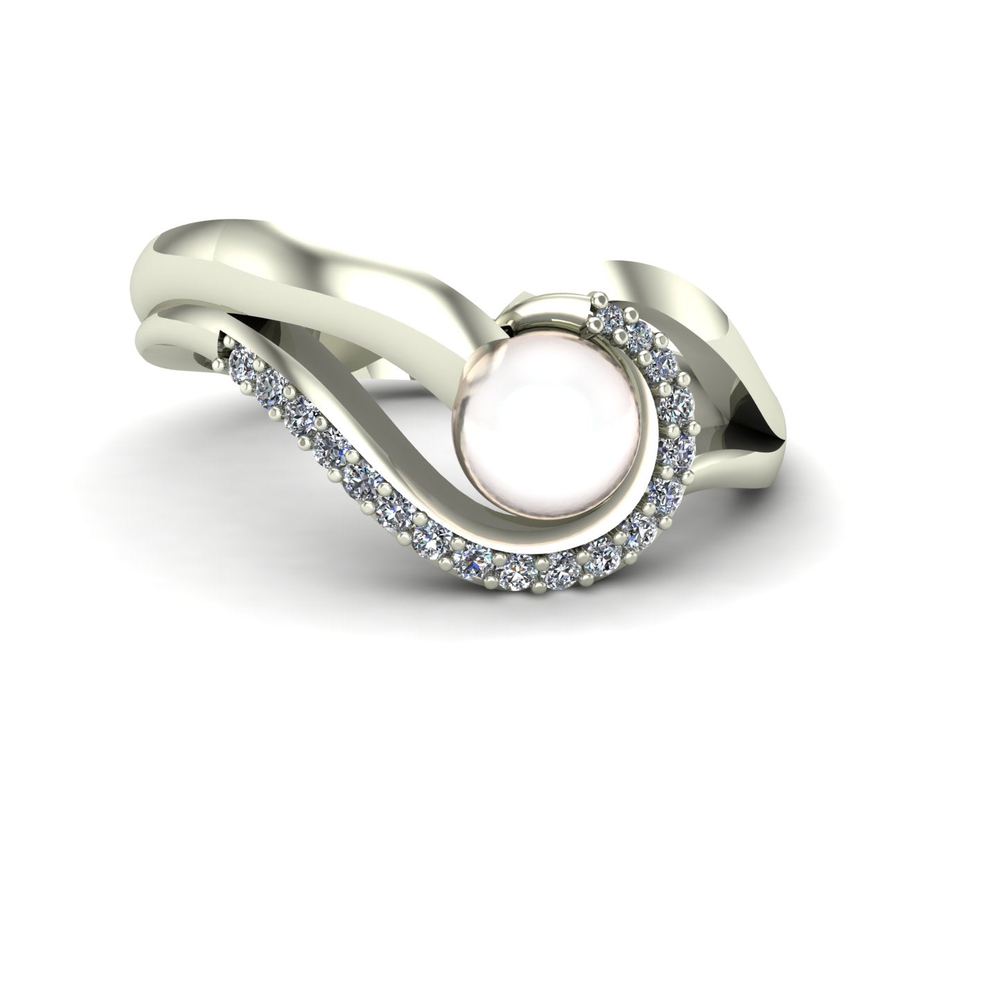 pearl and diamond swirl ring in 14k white gold - Charles Babb Designs - top view