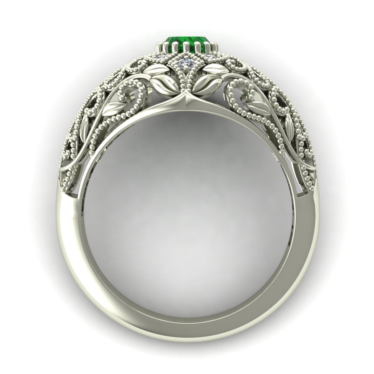Emerald and diamond dome ring with leaves and vines in 14k white gold - Charles Babb Designs - through finger view