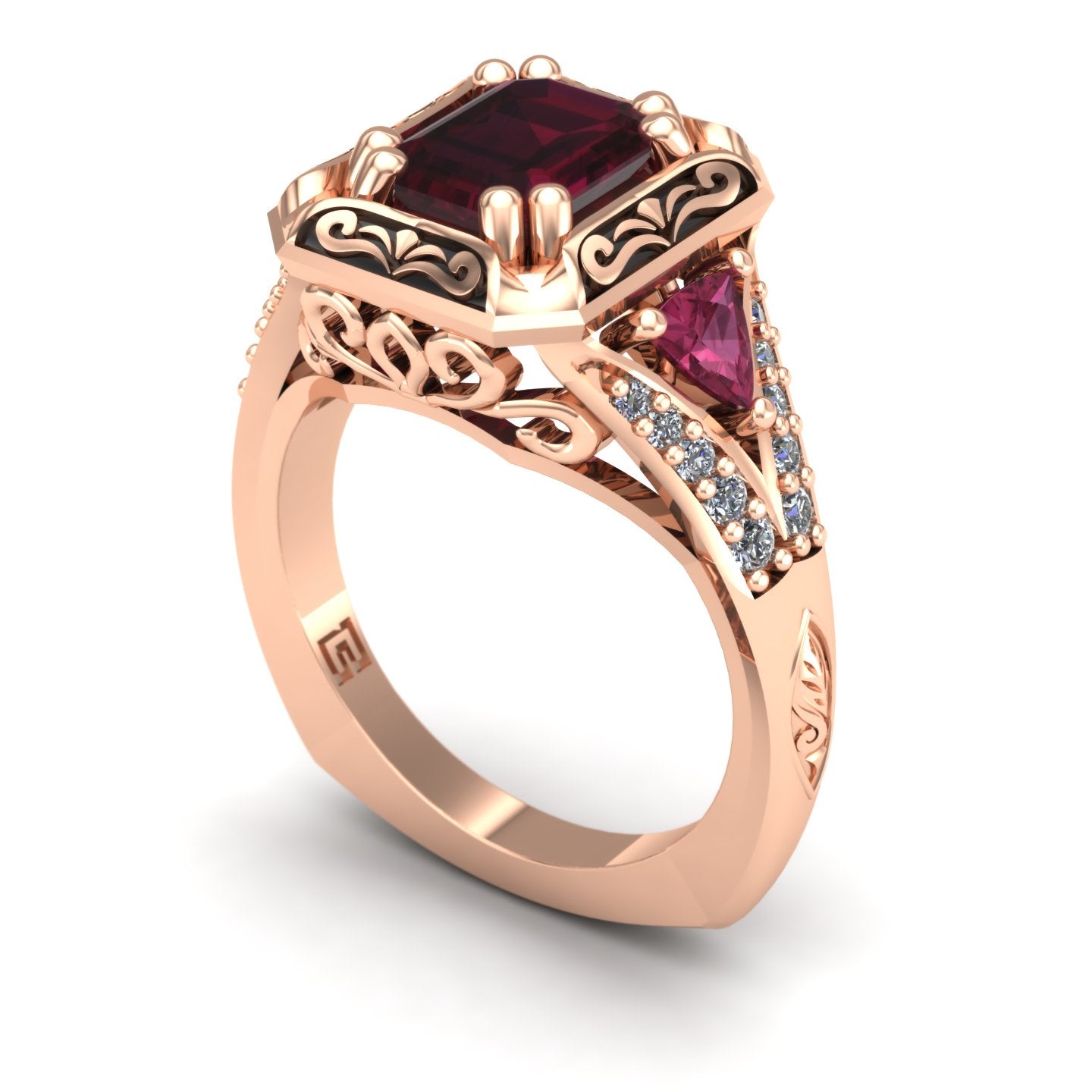 Rhodolite garnet, pink tourmaline, and diamond split shank ring in 14k rose gold