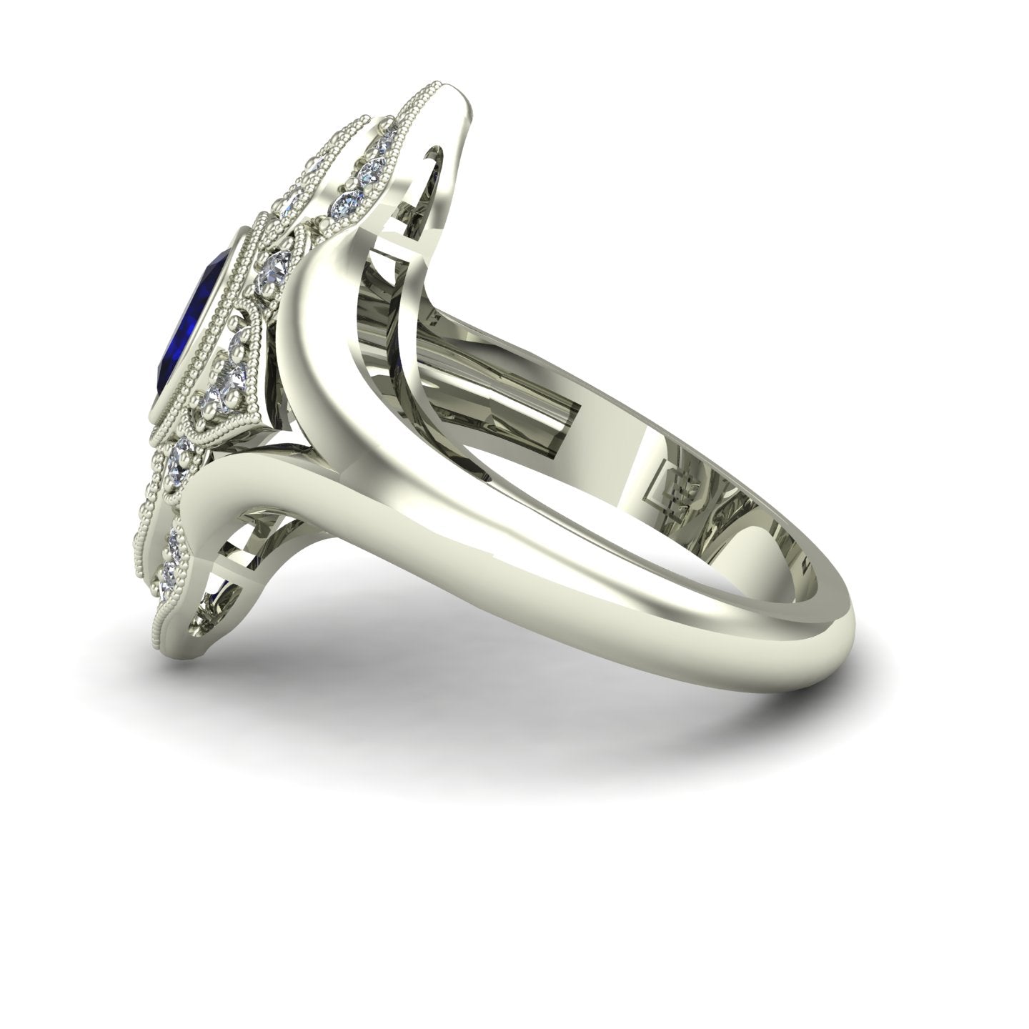 bezel set oval blue sapphire and diamond paneled ring in 14k white gold - Charles Babb Designs - side view