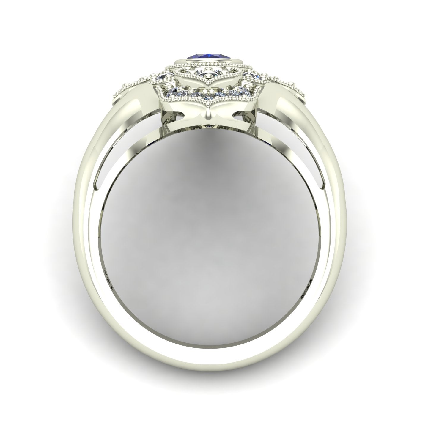 bezel set oval blue sapphire and diamond paneled ring in 14k white gold - Charles Babb Designs - through finger view
