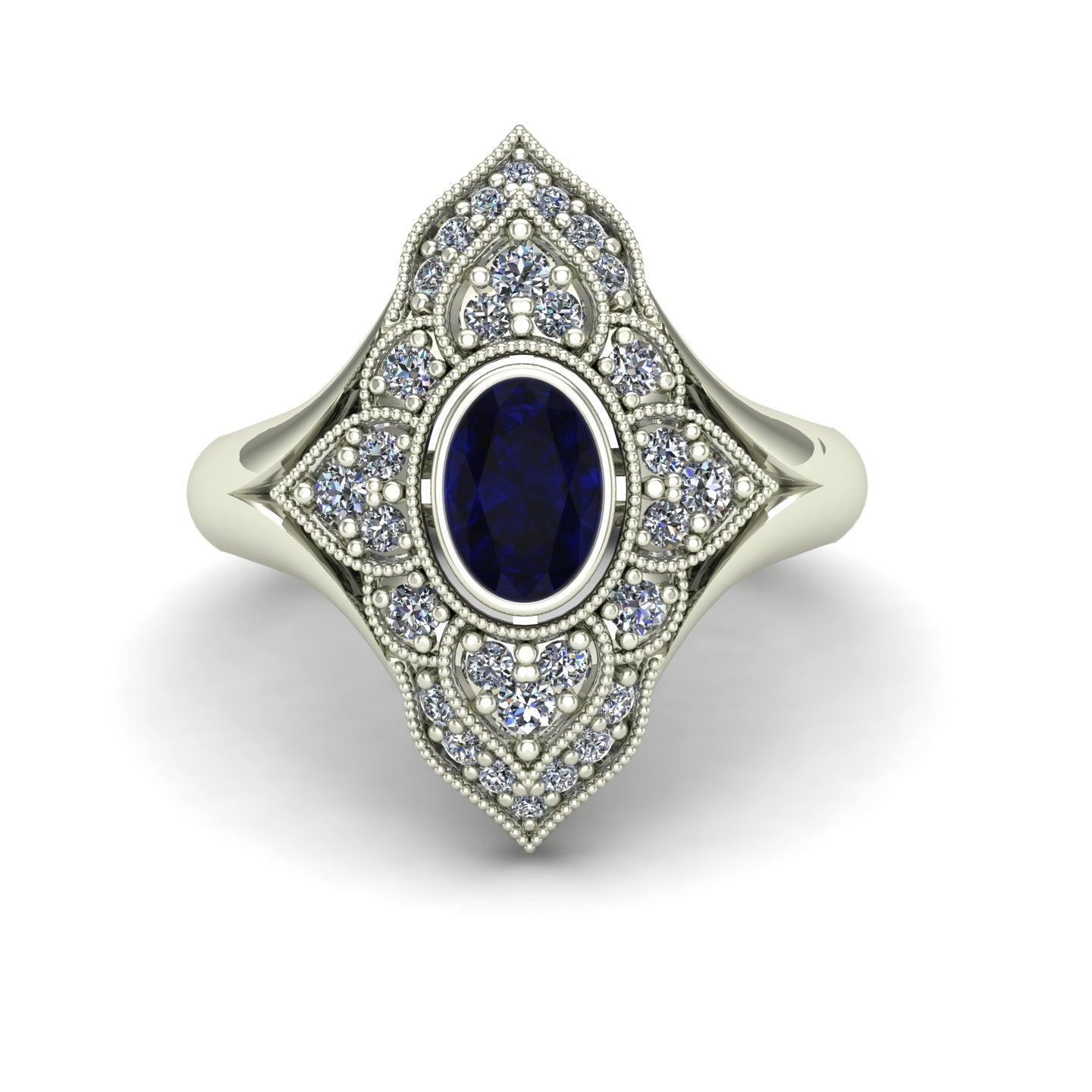 bezel set oval blue sapphire and diamond paneled ring in 14k white gold - Charles Babb Designs - top view