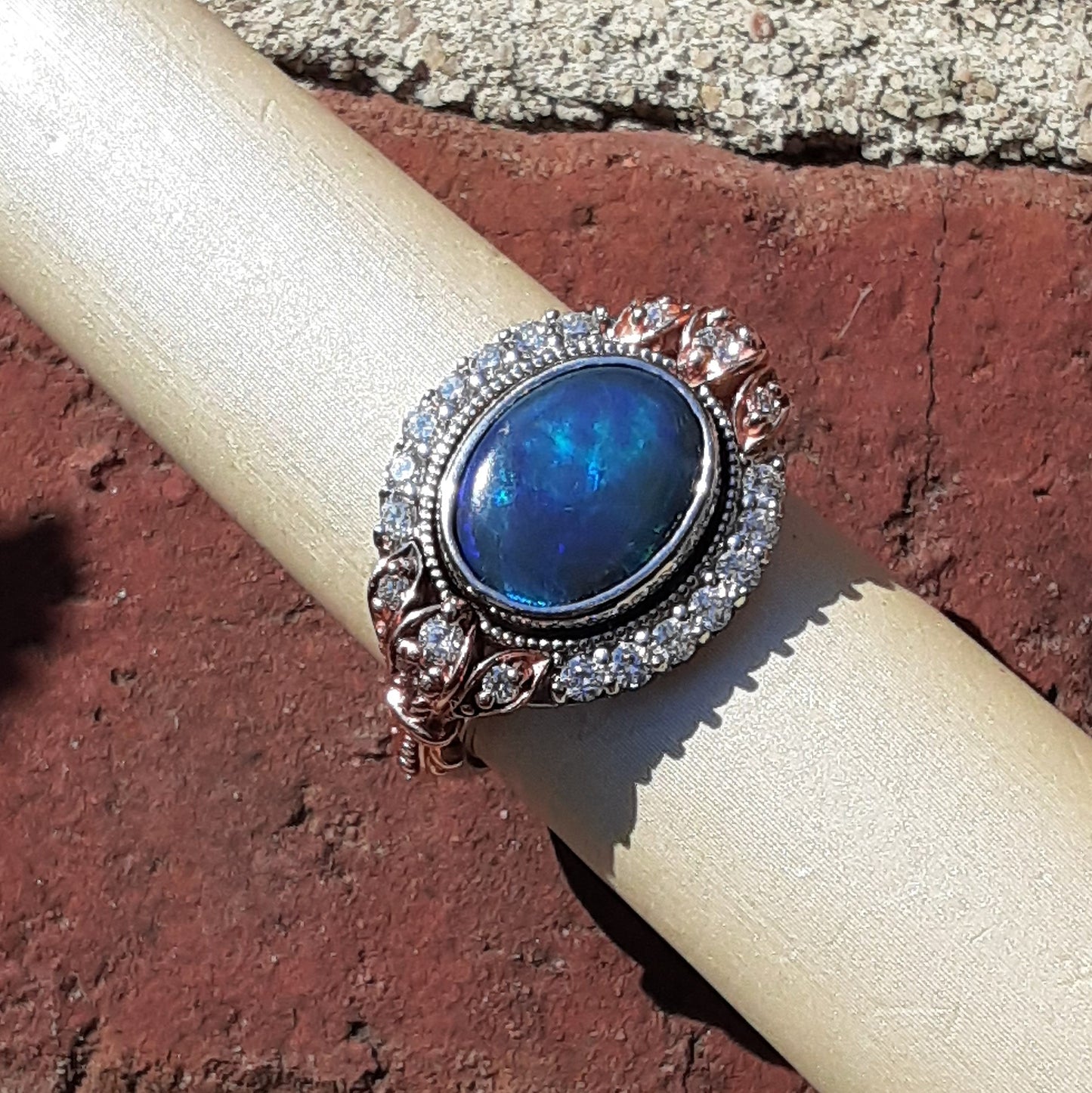 Ready to ship Black Opal and diamond ring in 14k rose and white gold