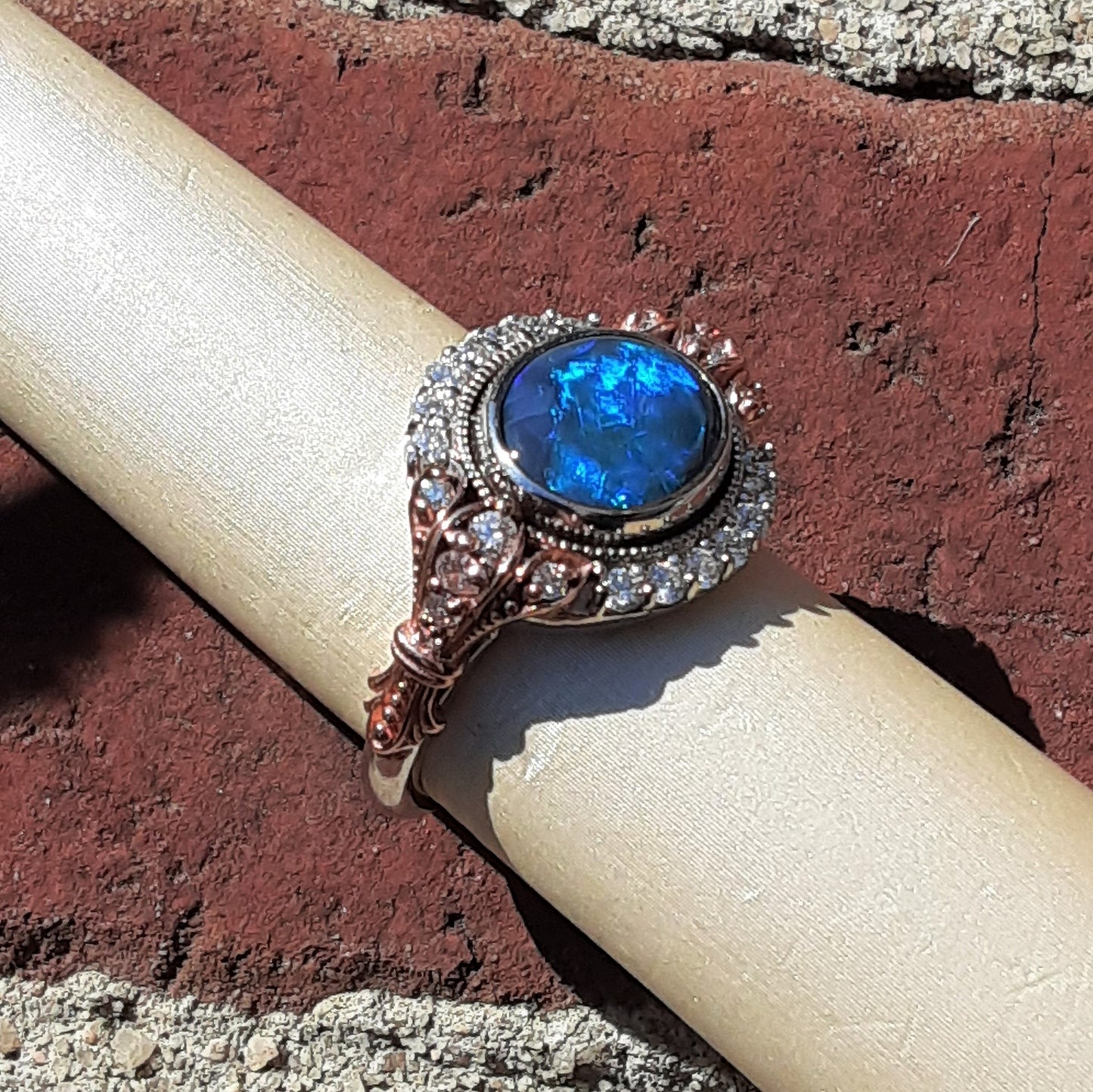 Ready to ship Black Opal and diamond ring in 14k rose and white gold