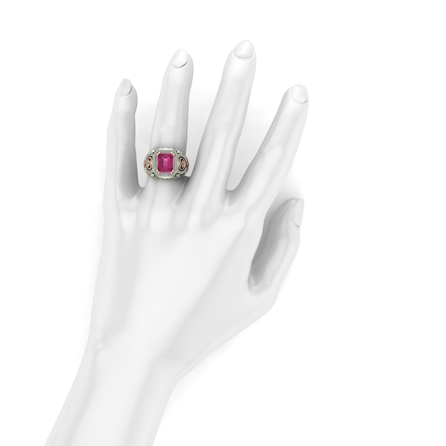 emerald cut pink tourmaline and diamond two tone dome ring in 14k rose and white gold - Charles Babb Designs - on hand