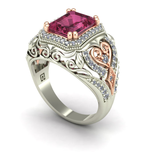 emerald cut pink tourmaline and diamond two tone dome ring in 14k rose and white gold - Charles Babb Designs