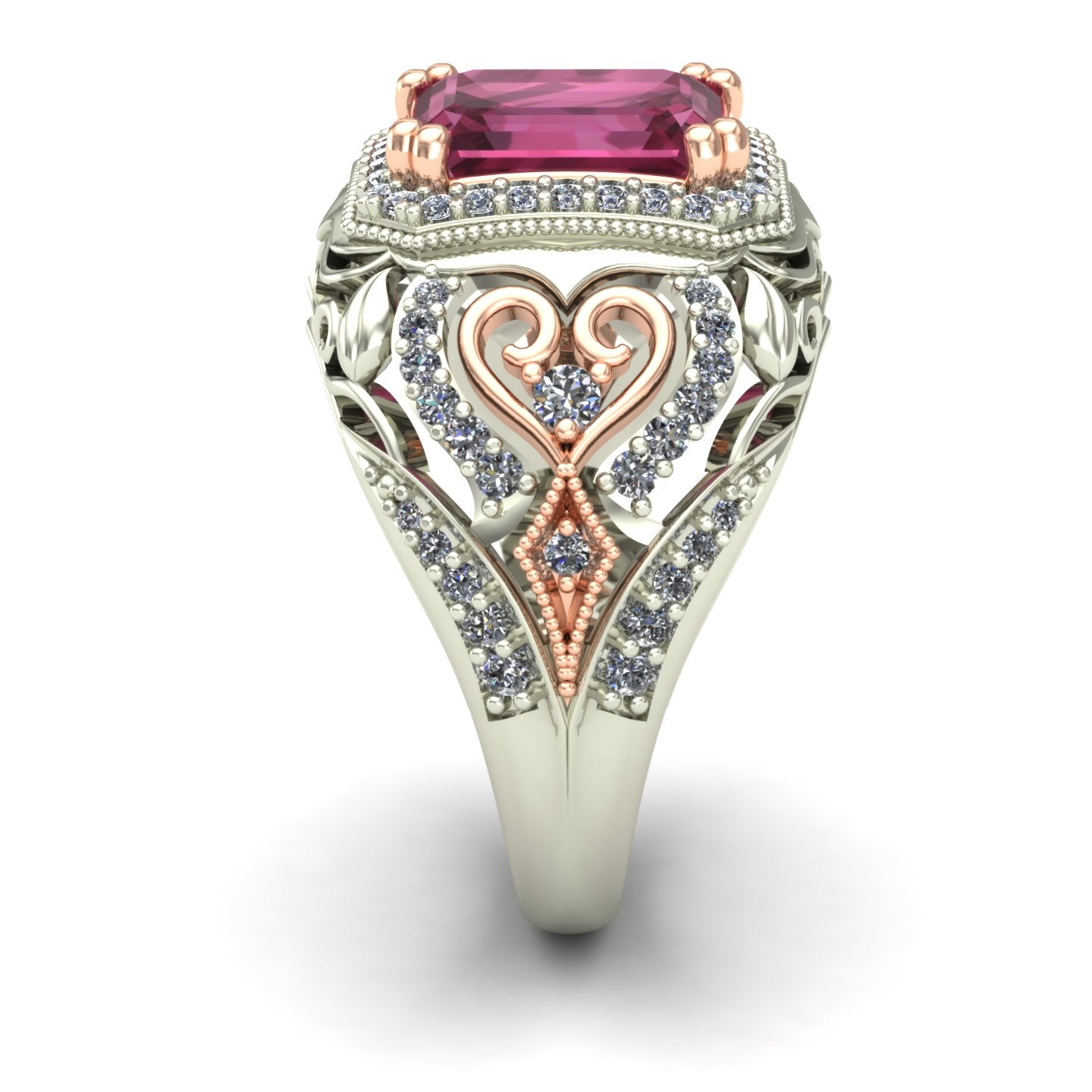 emerald cut pink tourmaline and diamond two tone dome ring in 14k rose and white gold - Charles Babb Designs - side view