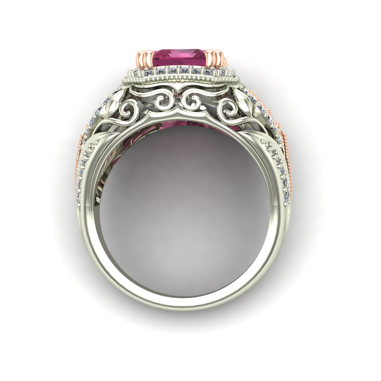 emerald cut pink tourmaline and diamond two tone dome ring in 14k rose and white gold - Charles Babb Designs - through finger view