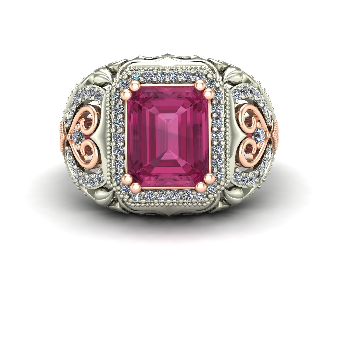 emerald cut pink tourmaline and diamond two tone dome ring in 14k rose and white gold - Charles Babb Designs - top view