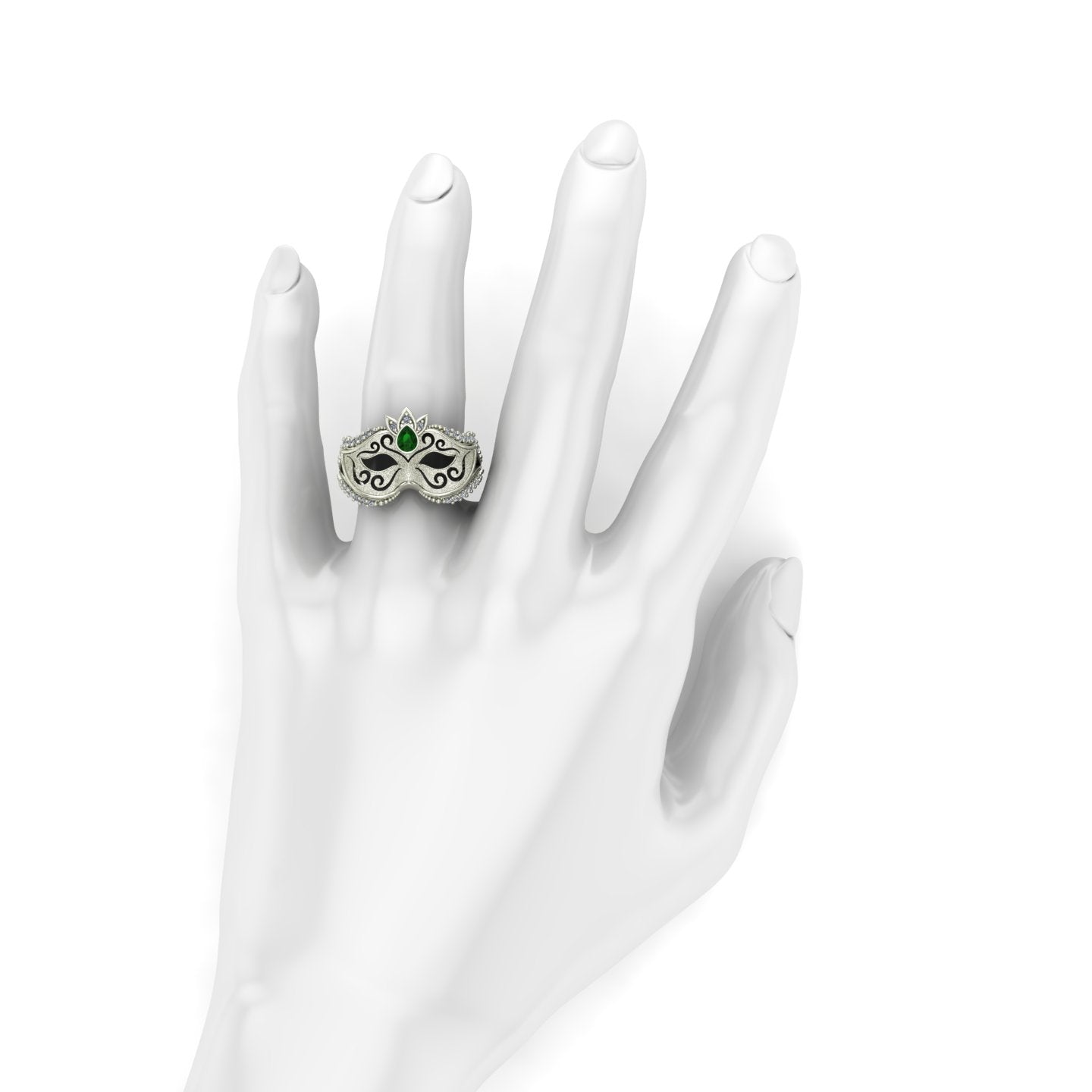 bezel set pear cut tsavorite green garnet and diamond venetian carnival mask ring in 14k white gold - Charles Babb Designs - on hand