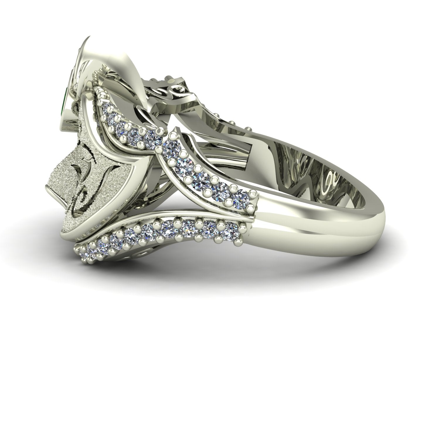 bezel set pear cut tsavorite green garnet and diamond venetian carnival mask ring in 14k white gold - Charles Babb Designs - side view