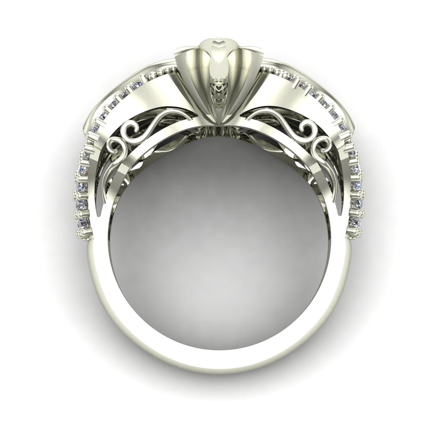 bezel set pear cut tsavorite green garnet and diamond venetian carnival mask ring in 14k white gold - Charles Babb Designs - through finger view
