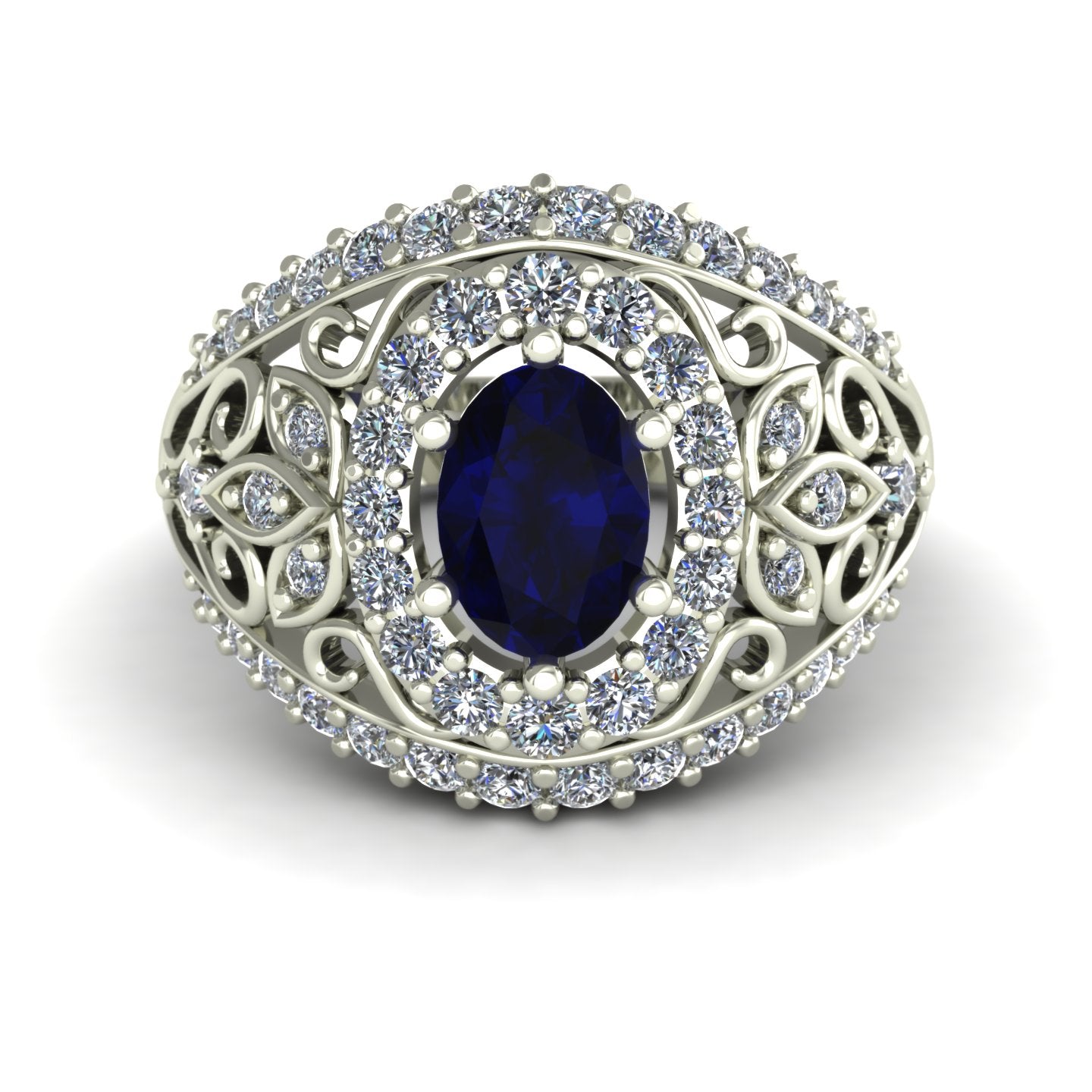 oval blue sapphire and diamond dome ring in 14k white gold - Charles Babb Designs - top view