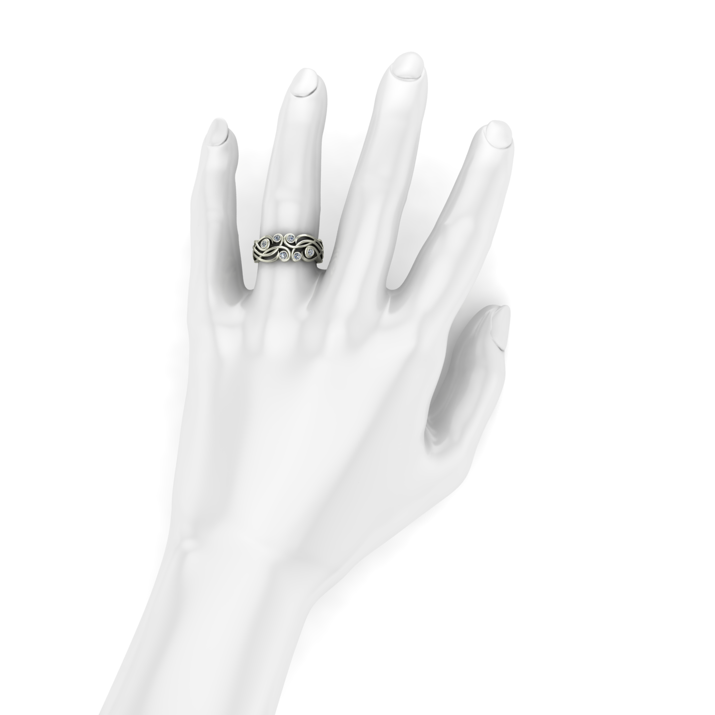 bezel set diamond elf filigree scroll wedding band 14k white gold - Charles Babb Designs - on hand