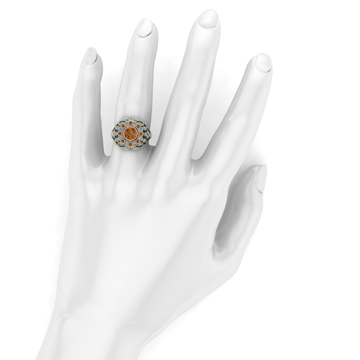bezel set cognac and white diamond two tone ring in 14k rose and white gold - Charles Babb Designs - on hand