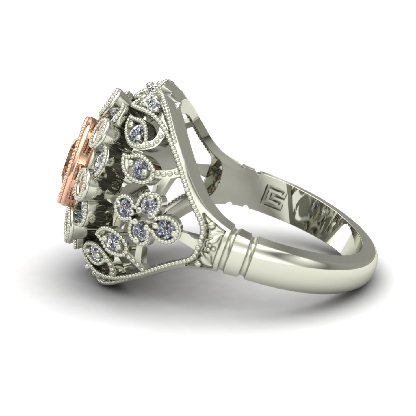 bezel set cognac and white diamond two tone ring in 14k rose and white gold - Charles Babb Designs - side view