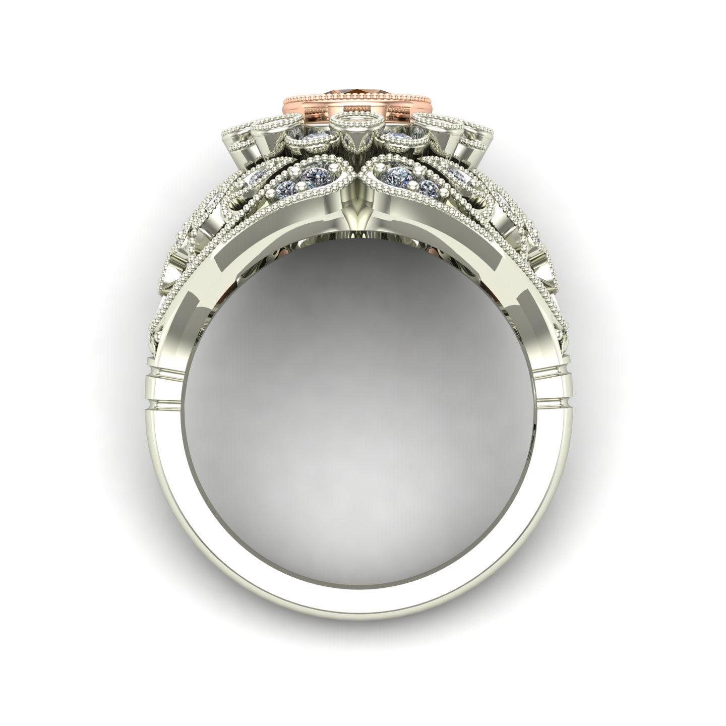 bezel set cognac and white diamond two tone ring in 14k rose and white gold - Charles Babb Designs - through finger view