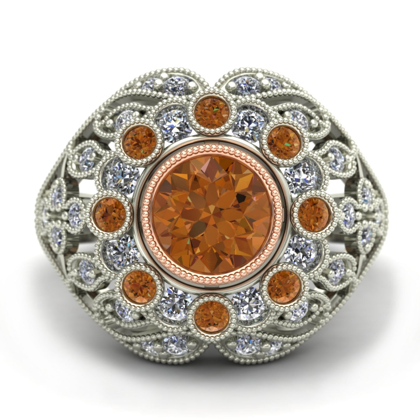 bezel set cognac and white diamond two tone ring in 14k rose and white gold - Charles Babb Designs - top view