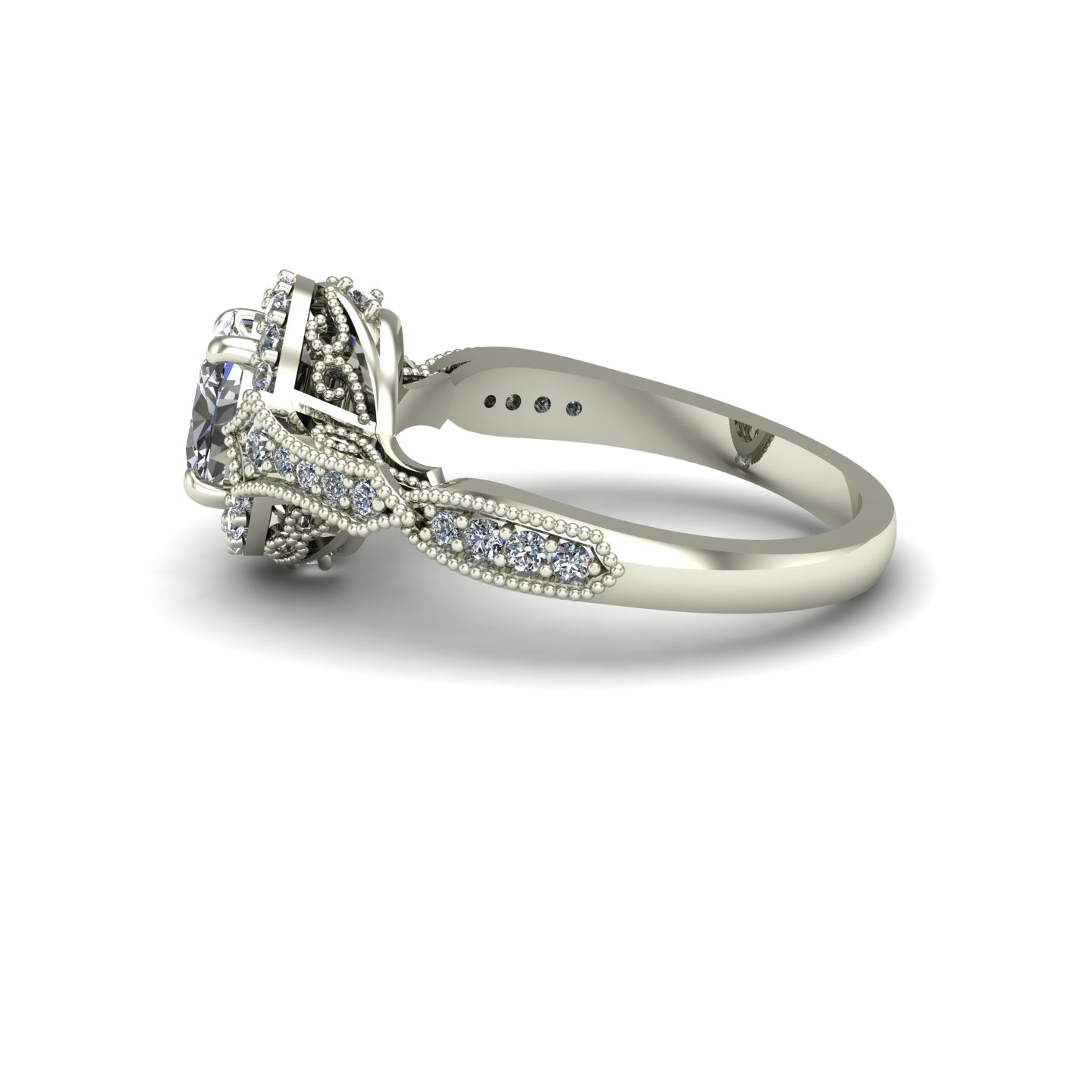 three quarter oval diamond vintage style engagement ring in 14k white gold - Charles Babb Designs - side view