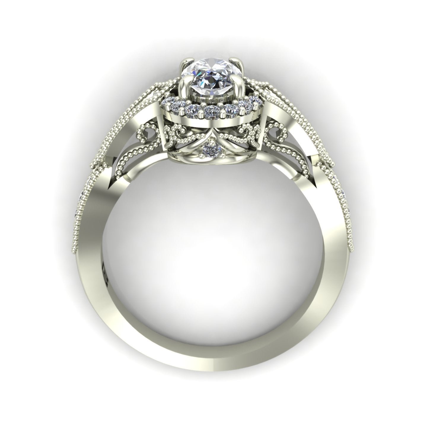 three quarter oval diamond vintage style engagement ring in 14k white gold - Charles Babb Designs - through finger view