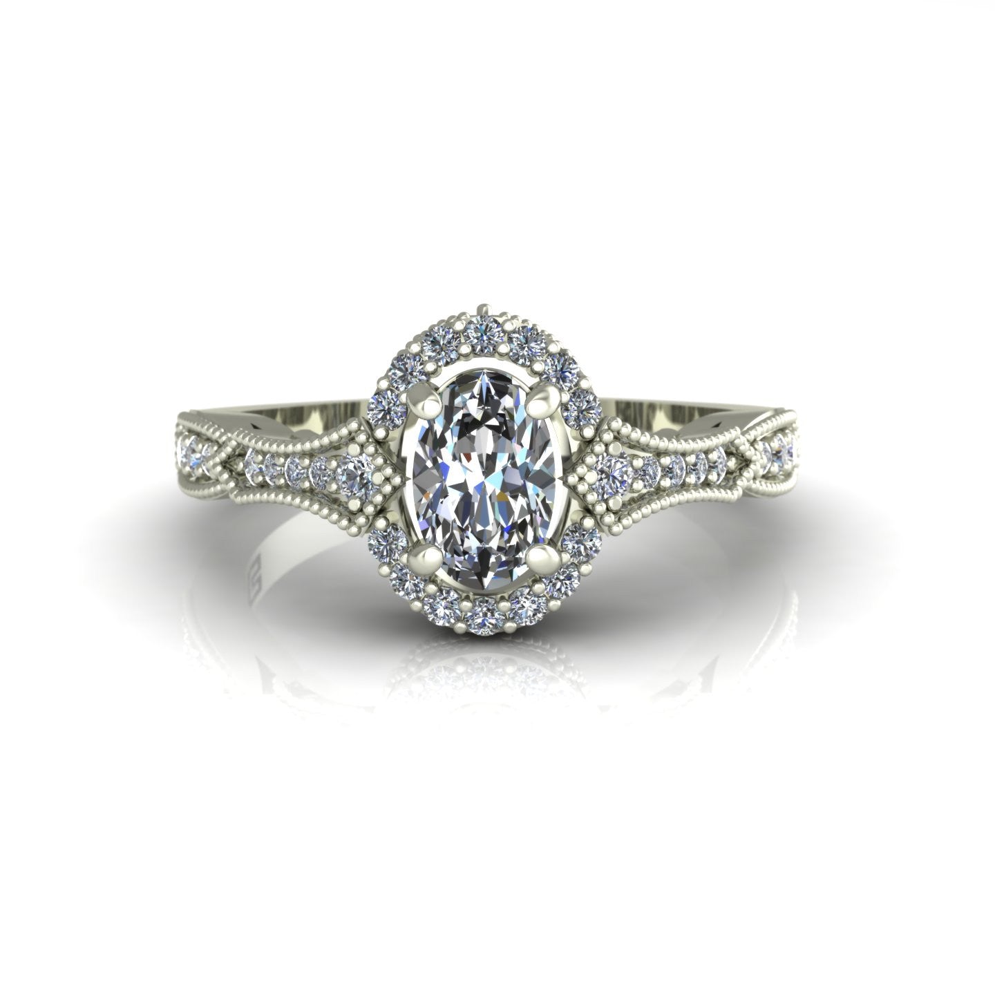 three quarter oval diamond vintage style engagement ring in 14k white gold - Charles Babb Designs - top view