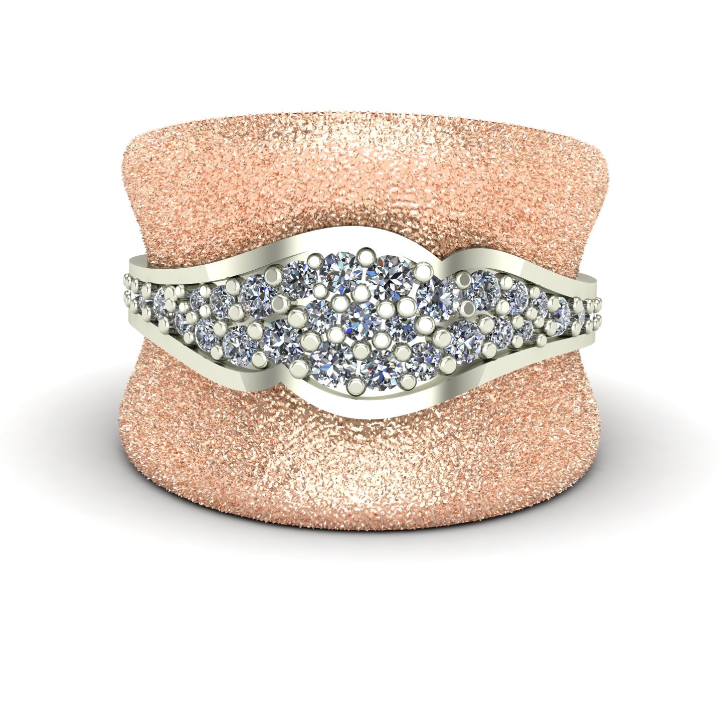 diamond pave cigar band two tone ring in 14k rose and white gold - Charles Babb Designs - top view