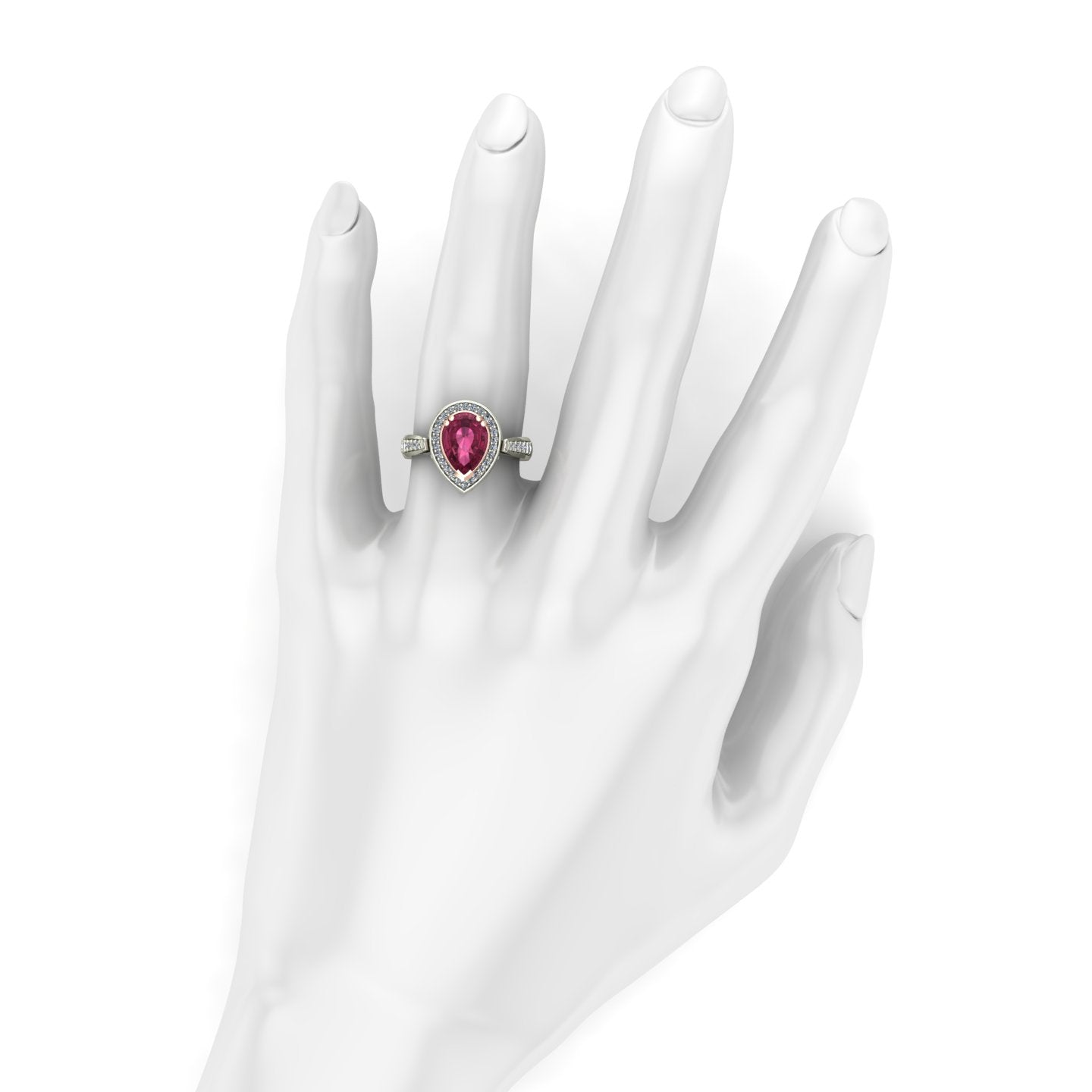 pear pink tourmaline and diamond two tone scroll ring in 14k rose and white gold - Charles Babb Designs - on hand