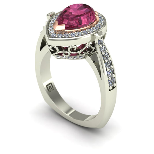 pear pink tourmaline and diamond two tone scroll ring in 14k rose and white gold - Charles Babb Designs