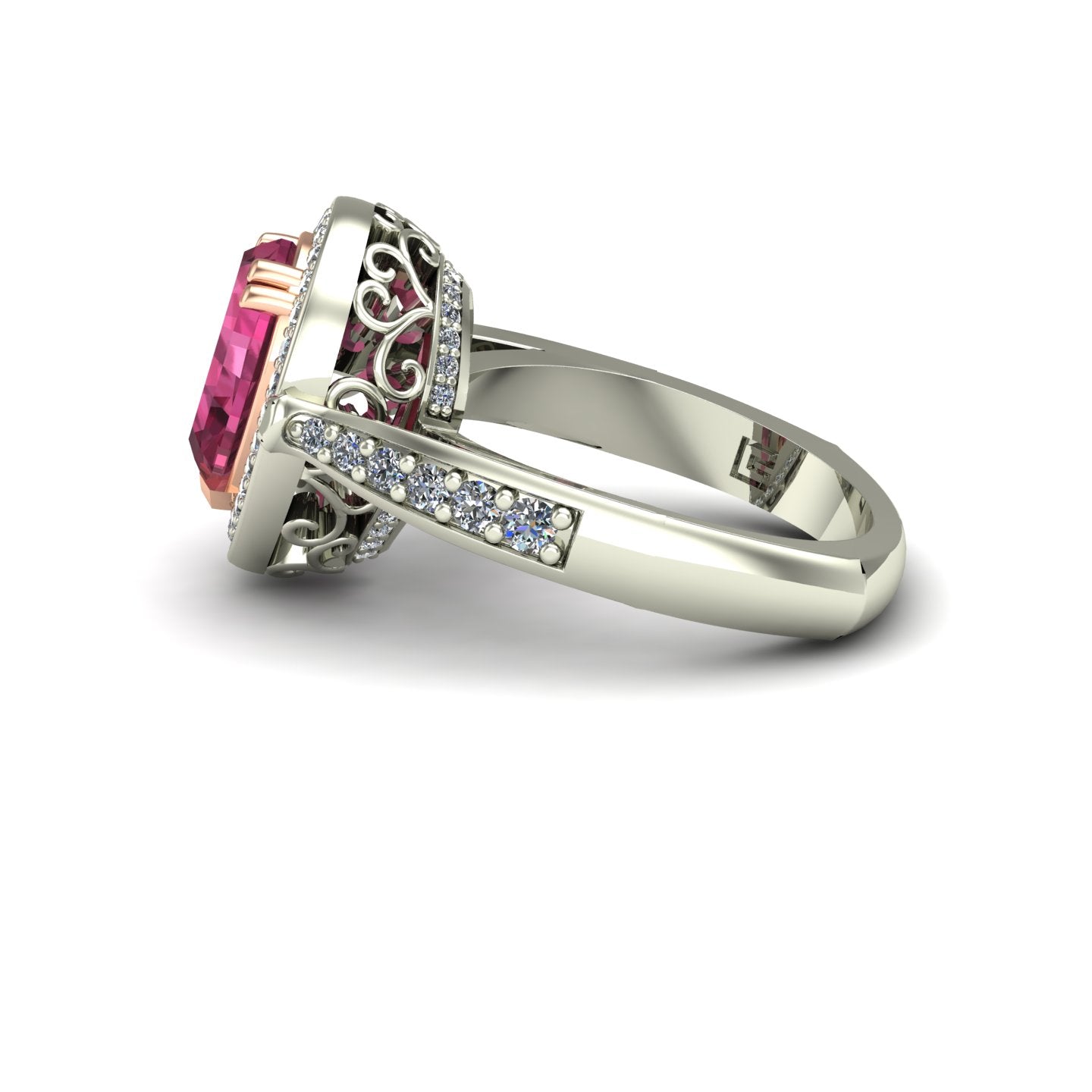 pear pink tourmaline and diamond two tone scroll ring in 14k rose and white gold - Charles Babb Designs - side view