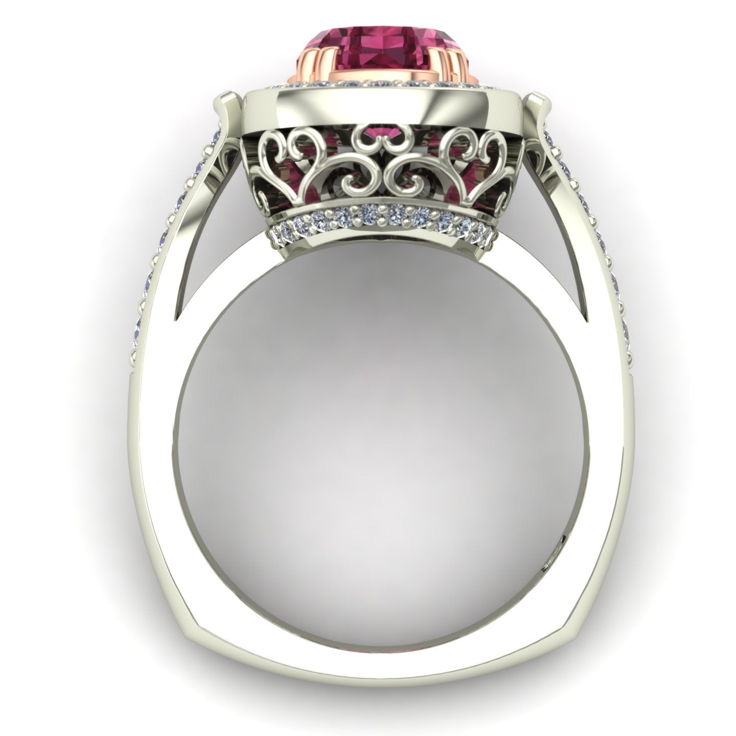pear pink tourmaline and diamond two tone scroll ring in 14k rose and white gold - Charles Babb Designs - through finger view