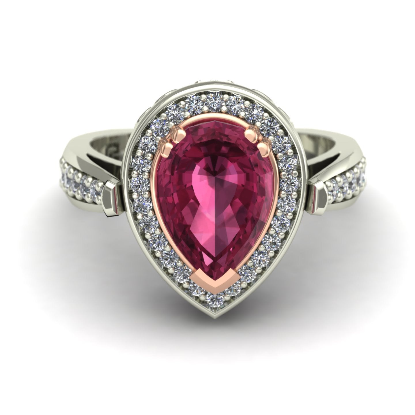 pear pink tourmaline and diamond two tone scroll ring in 14k rose and white gold - Charles Babb Designs - top view