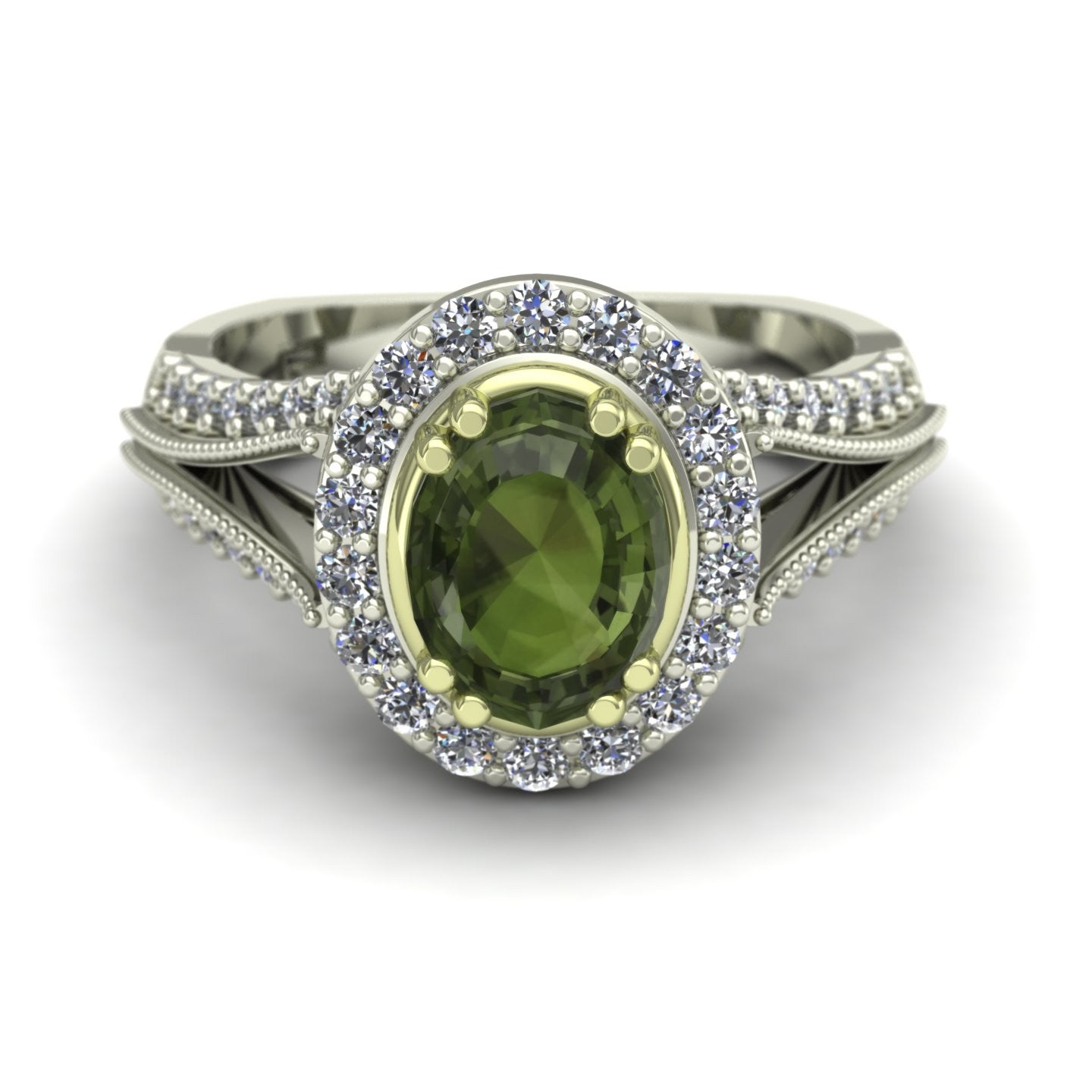 oval green tourmaline and diamond scroll two tone ring in 14k green and white gold - Charles Babb Designs - top view