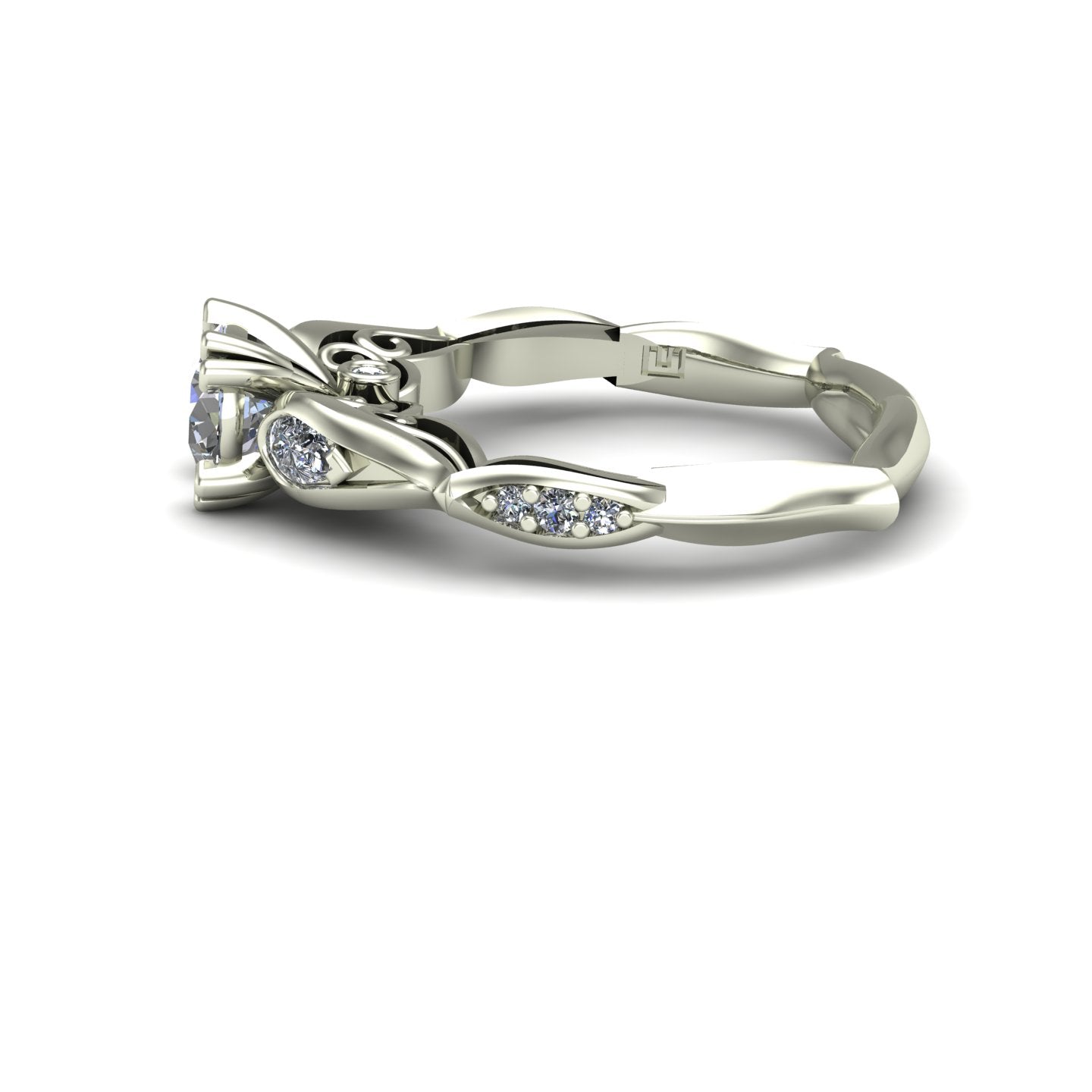 1ct diamond engagement ring with pear sides in 18k white gold - Charles Babb Designs - side view