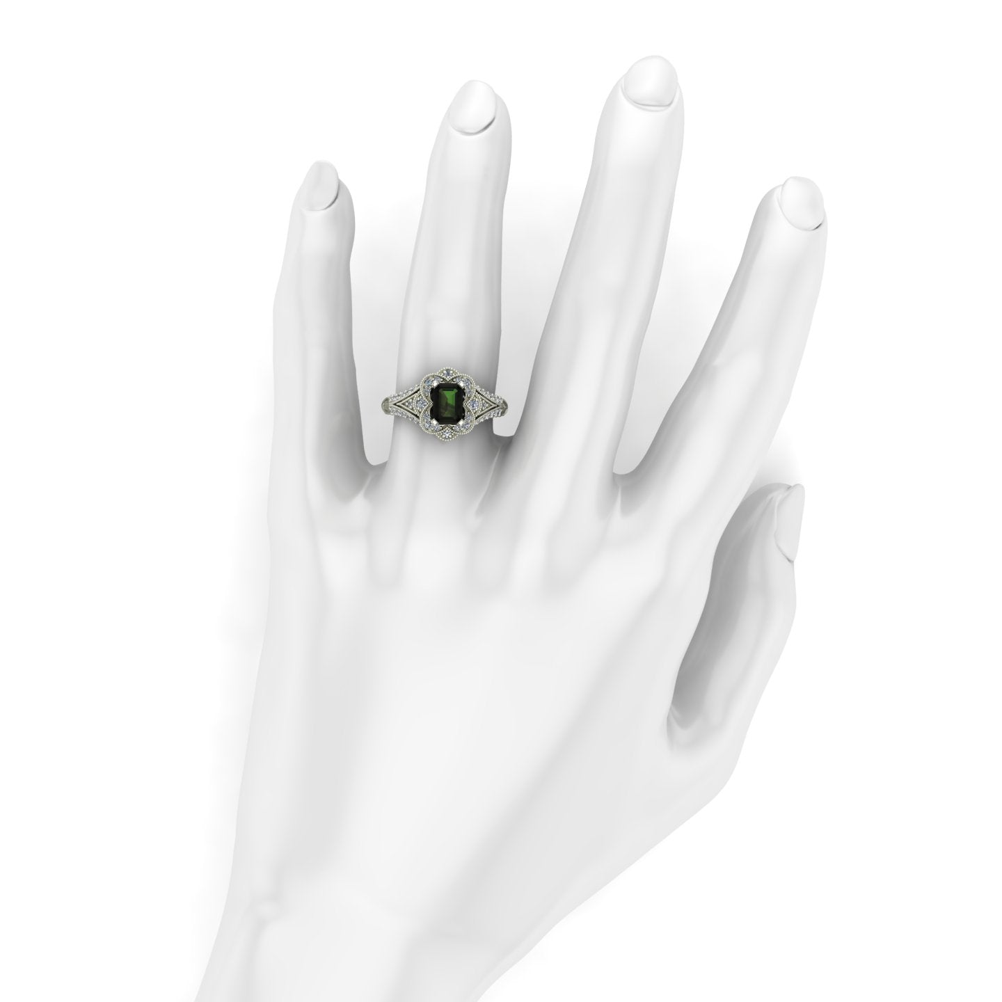 emerald cut green tourmaline and diamond scallop halo ring in 14k white gold - Charles Babb Designs - on hand