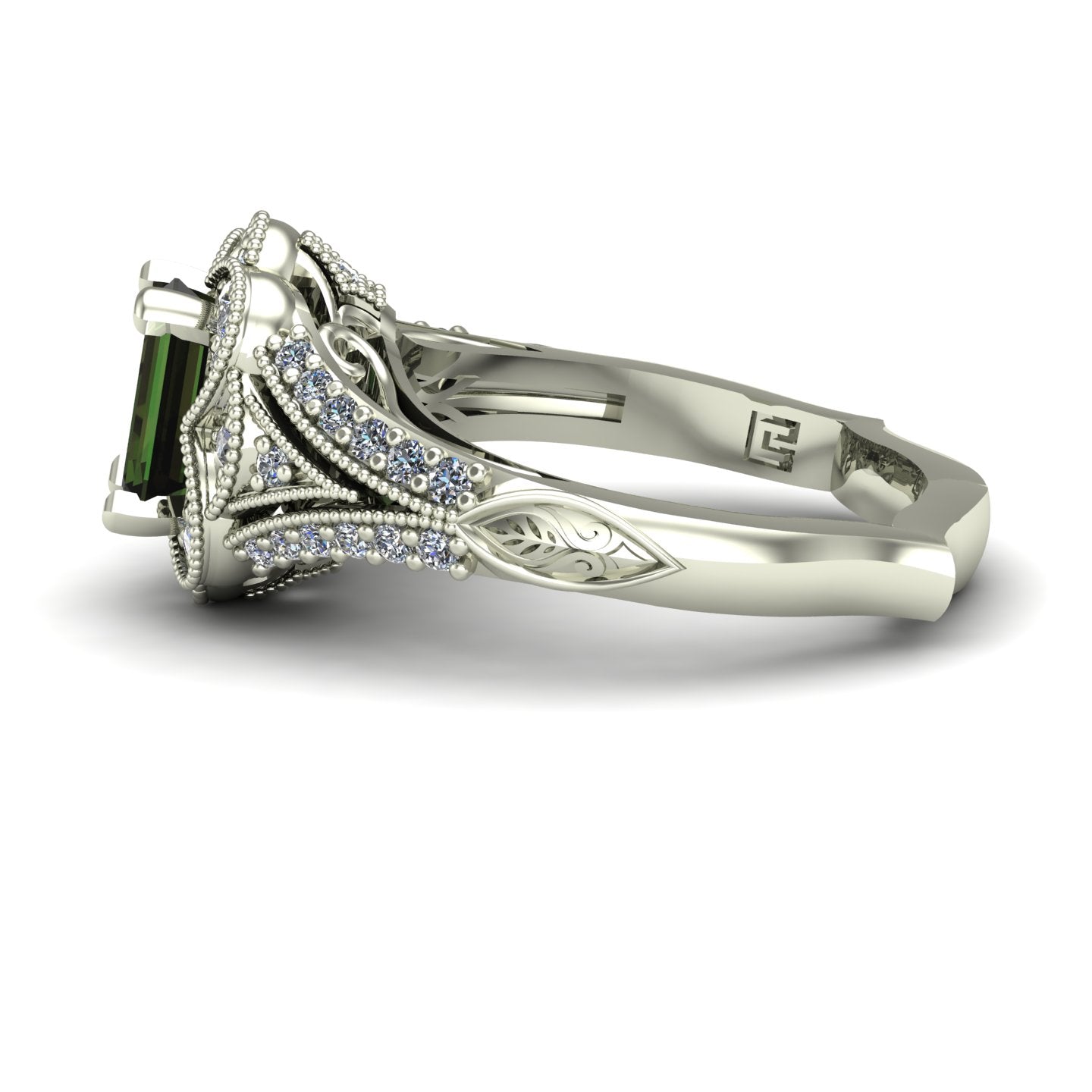emerald cut green tourmaline and diamond scallop halo ring in 14k white gold - Charles Babb Designs - side view