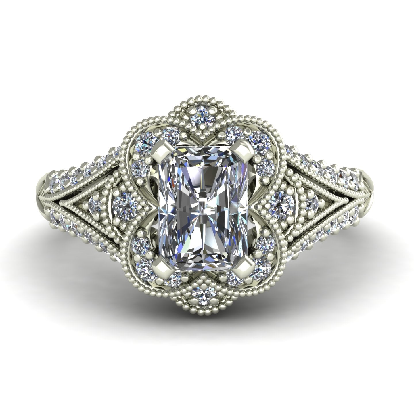 one carat radiant cut diamond scallop halo engagement ring in 14k white gold - Charles Babb Designs - top view