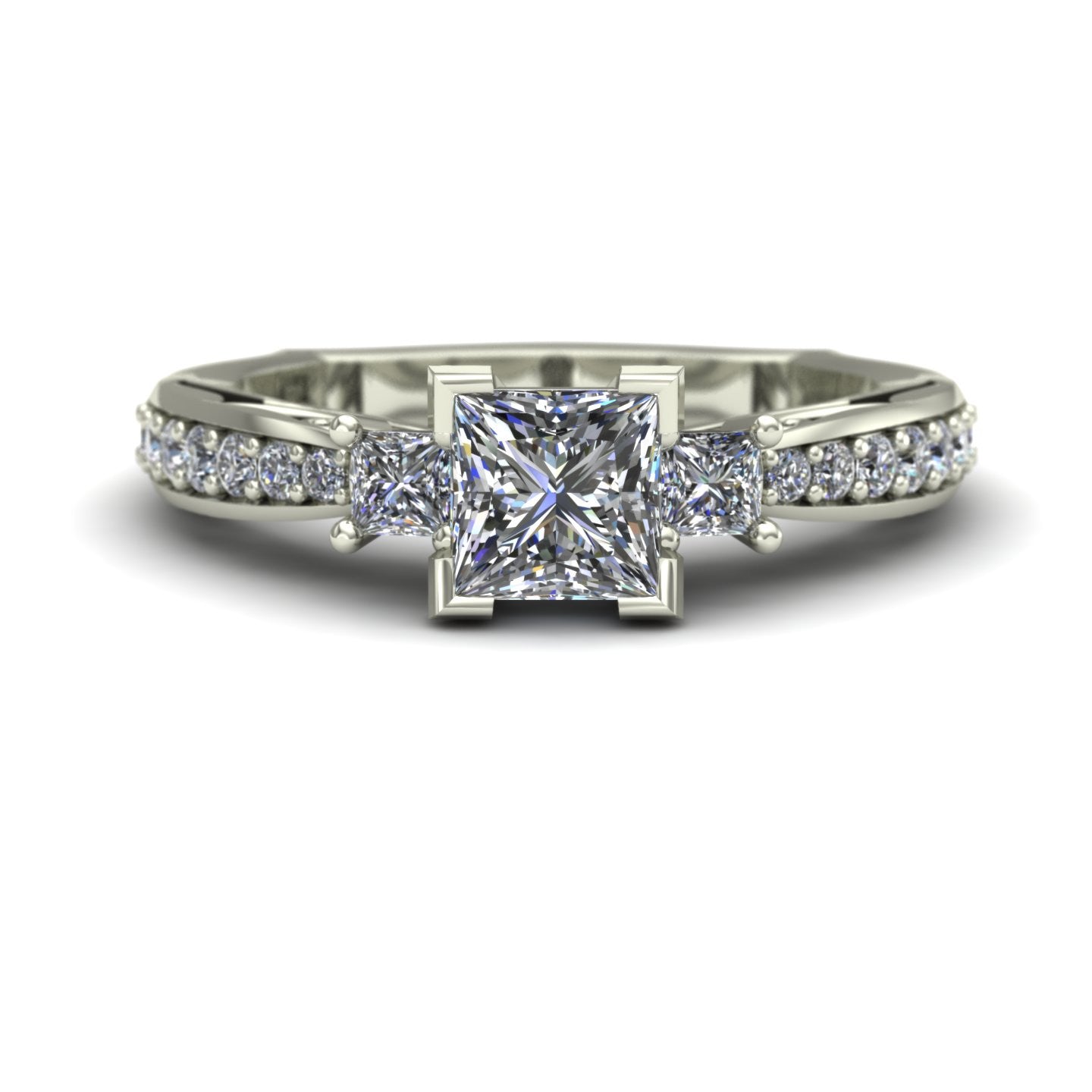 three quarter carat princess diamond three stone engagement ring in 14k white gold - Charles Babb Designs - top view