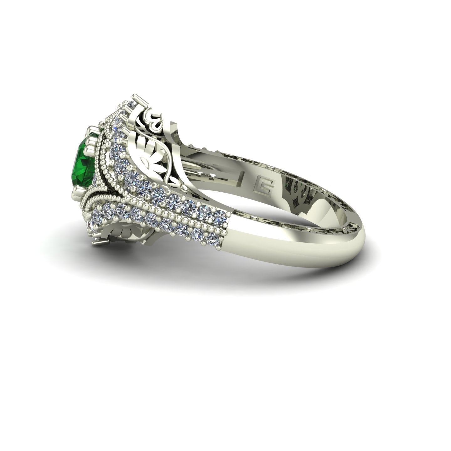 Emerald and diamond ring with floral carving in 14k white gold - Charles Babb Designs - side view